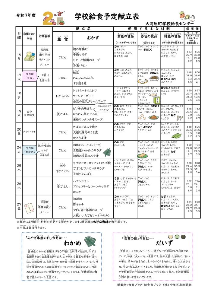 2月16日から2月27日までの献立